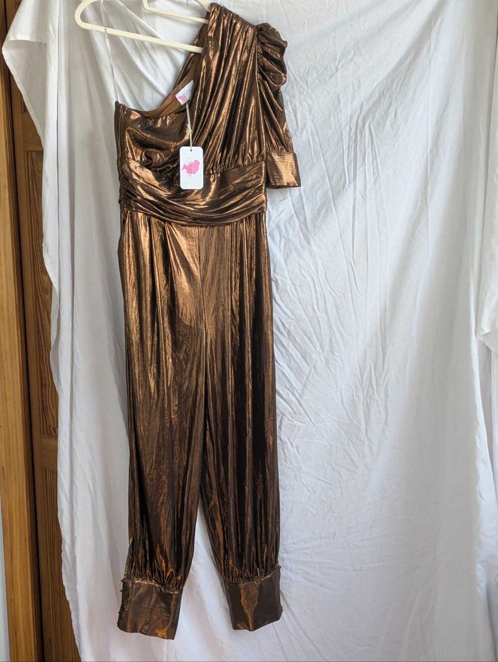 L'ATISTE Metallic Copper One-Shoulder Jumpsuit